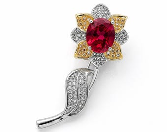 Lab Created Ruby Flower Brooch | Sterling Silver CZ Pave Statement Pin