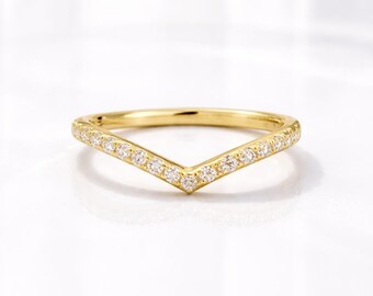 Moissanite Chevron Ring | Sterling Silver V Band, Stacking Wedding Jewelry
