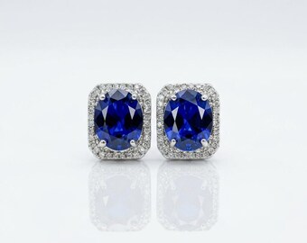 Oval Lab Created Sapphire Halo Stud Earrings | Sterling Silver Bridal Jewelry