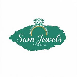 May include: A logo featuring a gold ring with a large diamond set against a textured dark green oval brushstroke background. The text Sam Jewels is written in a white cursive font, with the word STUDIO in a smaller white sans-serif font below.
