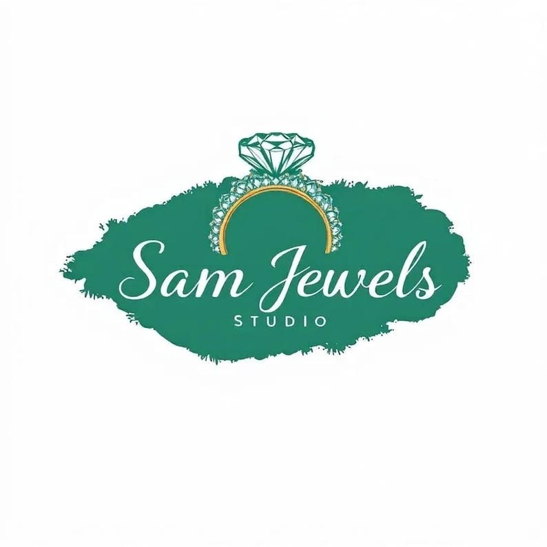 May include: A logo featuring a gold ring with a large diamond set against a textured dark green oval brushstroke background. The text Sam Jewels is written in a white cursive font, with the word STUDIO in a smaller white sans-serif font below.