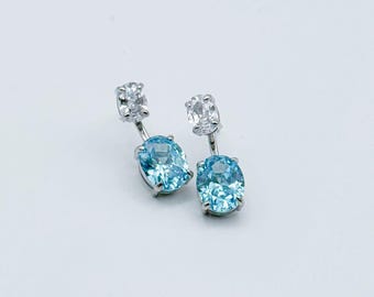 Oval Aquamarine Moissanite Earrings | Sterling Silver Convertible Bridal Studs