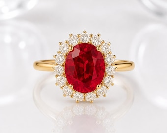 Vintage Ruby Halo Ring | Sterling Silver Bridal Jewelry | Lab Created Red Gemstone Ring