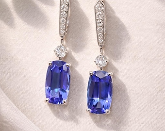 Lab Created Tanzanite Drop Earrings | Cushion Cut Gemstone, Sterling Silver