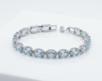 Oval Aquamarine Halo Tennis Bracelet | Lab Created Blue Gemstone Sterling Silver Jewelry