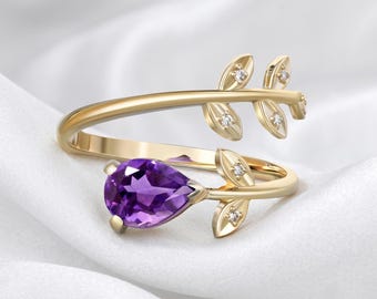 Natural Amethyst Leaf Engagement Ring, Pear Cut Purple Gemstone Ring, Botanical Bridal Jewelry, 925 Silver 14K Solid Gold