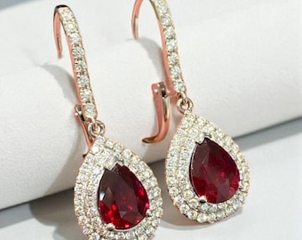 Garnet Halo Dangle Earrings, Sterling Silver Teardrop, January Birthstone