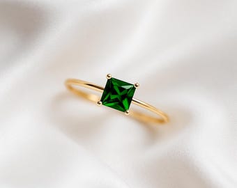 Dainty Emerald Ring | Square Cut Green Gemstone Ring | Minimal Sterling Silver Jewelry