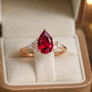 May include: A rose gold ring featuring a central pear-shaped red gemstone. The stone is flanked on each side by a cluster of three small, round, clear white diamonds set in a prong setting, creating a symmetrical design on the band.
