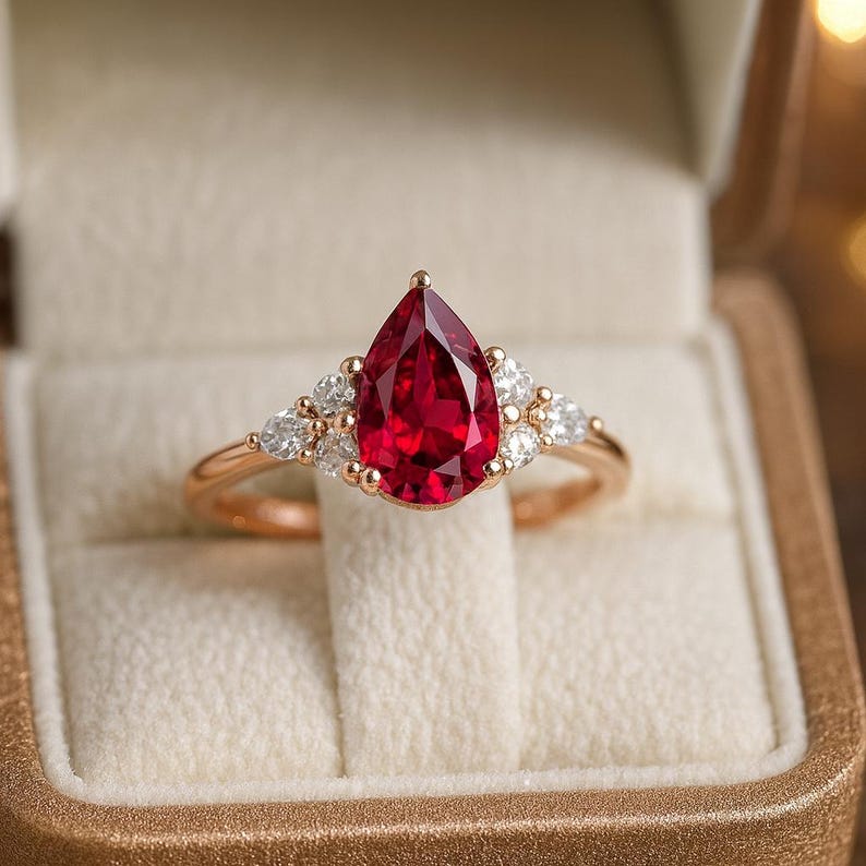 May include: A rose gold ring featuring a central pear-shaped red gemstone. The stone is flanked on each side by a cluster of three small, round, clear white diamonds set in a prong setting, creating a symmetrical design on the band.