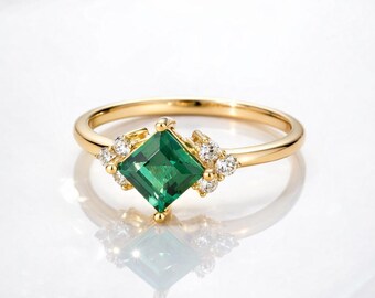 Emerald Square Cut Ring | Sterling Silver Engagement Ring | Lab Created Green Gemstone Bridal Jewelry