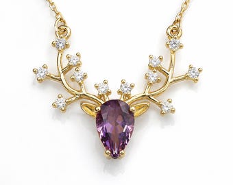 Amethyst Antler Necklace | Pear Cut Amethyst Pendant, Sterling Silver Jewelry