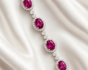 Pink Lab Ruby Tennis Bracelet | Oval Cut Sterling Silver