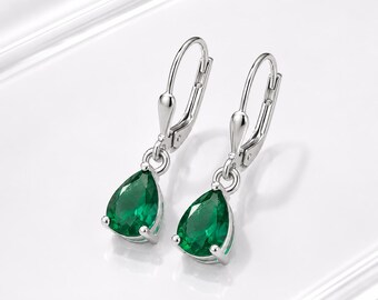 Lab Emerald Pear Cut Dangle Earrings | Sterling Silver Leverback Drop Jewelry
