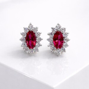 Kolczyki z rubinowym halo markizy | Kolczyki z rubinowym rubinem | Srebrne kolczyki z czerwonymi kamieniami szlachetnymi i kwiatami