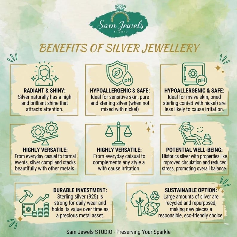 May include: An informational graphic titled BENEFITS OF SILVER JEWELLERY by Sam Jewels Studio. It features eight sections with green icons and text explaining the properties of silver, including its shine, hypoallergenic nature, versatility, and sustainability.