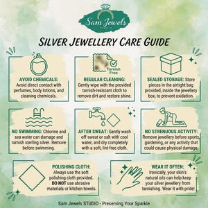 May include: A silver jewellery care guide infographic from Sam Jewels Studio. It features eight instructional panels with icons and text explaining how to avoid chemicals, clean regularly, store in sealed boxes, avoid swimming, wash after sweat, remove during activity, use a polishing cloth, and wear often to prevent tarnish.