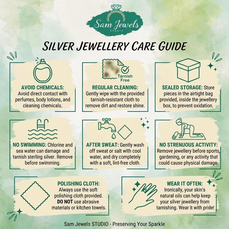 May include: A silver jewellery care guide infographic from Sam Jewels Studio. It features eight instructional panels with icons and text explaining how to avoid chemicals, clean regularly, store in sealed boxes, avoid swimming, wash after sweat, remove during activity, use a polishing cloth, and wear often to prevent tarnish.
