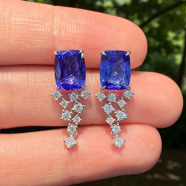Tanzanite Dangle Earrings | Cushion Cut Lab Tanzanite Drop Earrings | Sterling Silver Handmade Gift for Her