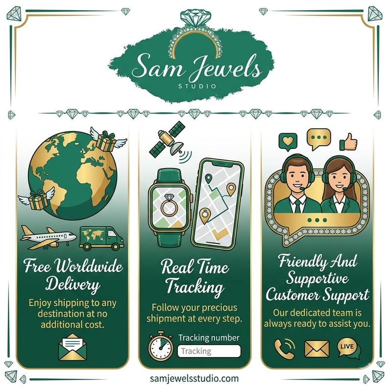 May include: An infographic for Sam Jewels Studio featuring three sections. The first shows a globe with winged gift boxes, a plane, and a van. The second displays a smartwatch and smartphone with map tracking. The third shows two customer service agents.