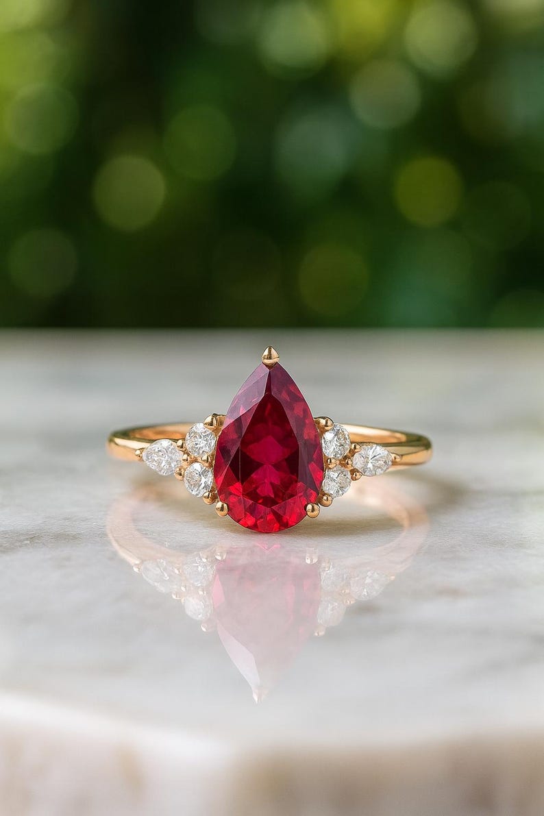 May include: A gold ring featuring a large pear-shaped red gemstone as the centrepiece, flanked by three small round and pear-shaped clear stones on each side. The band is polished gold, and the setting holds the stones securely in place.