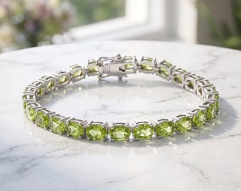 Natural Peridot Tennis Bracelet, Oval Cut Green Gemstone Bridal Bracelet, Elegant Birthstone Jewelry, 925 Sterling Silver Gift