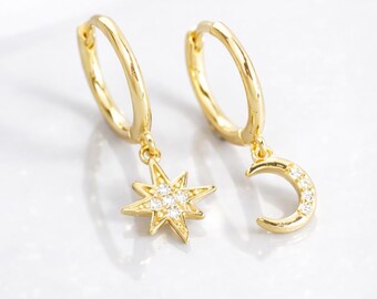 Star & Moon Hoop Earrings | 925 Sterling Silver Celestial Earrings | Minimal Boho Jewelry for Women