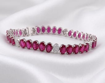 Ruby Tennis Bracelet, Oval Red Gemstone Bridal Bracelet, Elegant Imitation Ruby Jewelry, 925 Sterling Silver Gift