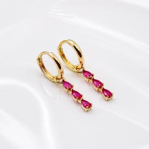 Ruby Pear Hoop Dangle Earrings | 2 in 1 Lab Ruby Hoop Earrings | Sterling Silver Pear Drop Convertible Earrings