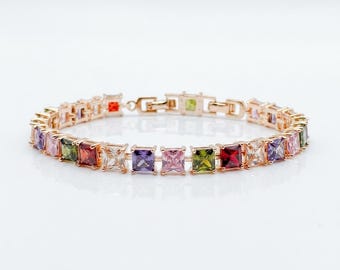 Multicolor Gemstone Bracelet | Rainbow CZ Tennis Bracelet | Sterling Silver Square Cut Colorful Jewelry