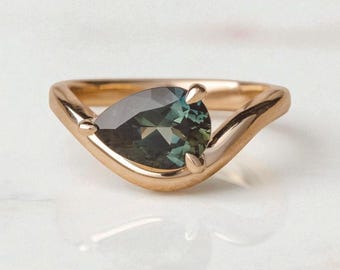 Pear Cut Green Tourmaline Engagement Ring | Lab-Created Sterling Silver Bridal Jewelry