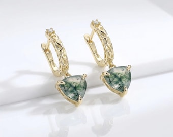 Moss Agate Drop Earrings | Trillion Cut Floral Sterling Silver Dangle Jewelry