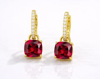 Pendientes de aro con rubí y moissanita de talla cojín / Pendientes de novia de plata de ley / Pendientes de piedras preciosas rojas creadas en laboratorio