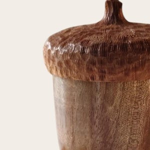Peut inclure: Un r&eacute;cipient en bois en forme de gland, dot&eacute; d'un capuchon textur&eacute; brun fonc&eacute; avec une petite tige sur le dessus et d'un corps lisse brun plus clair avec des motifs de grain de bois visibles. L'objet est sculpt&eacute; dans du bois naturel.