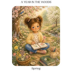May include: A Forest School Curriculum: A Year in the Woods Spring guide featuring a child with brown hair in pigtails sitting in a forest, drawing flowers in a notebook. The scene includes a basket of wildflowers, coloured pencils, and books.
