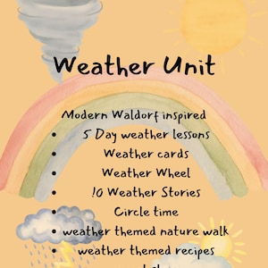 May include: A watercolor-style illustration with the text "Weather Unit." The image features a rainbow, sun, tornado, and rain cloud. Text includes "5 Day weather lessons," "Weather cards," and "Weather Wheel."