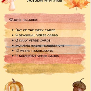 Puede incluir: Ilustración estilo acuarela con el texto "Autumn Rhythms". La imagen incluye una seta, una hoja de arce, una calabaza y una bellota. El texto enumera los elementos incluidos: Tarjetas del día de la semana, Tarjetas de versos de temporada, Tarjetas de versos diarios, Sugerencias para la cesta de la mañana, Manualidades y Tarjetas de versos de movimiento.