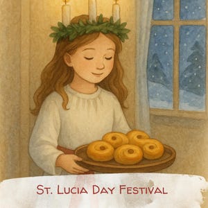 Puede incluir: Ilustración en acuarela de una niña con una corona verde con tres velas encendidas. Sostiene una bandeja de pasteles dorados. La imagen incluye el texto "St. Lucia Day Festival" y "December 13 - Festival of Light and Kindness."