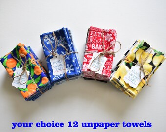 YOUR CHOICE- 12, 12x10 flannel reusable 'paper' towels, unpaper kitchen towels.  use-wash-reuse