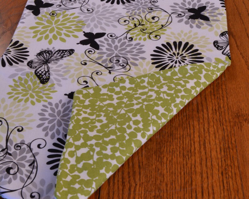 42 by 12.5 inches double sided- apple green black Table Runner-lined white and gray butterfly floral