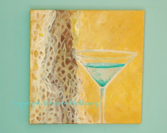 acrylic painting -Aqua Blue Martini- ORIGINAL- restaurant, bar, art OOAK 12x12