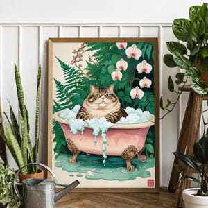 Tabby Cat In Bathtub - Japanese Bathroom Decor - Aesthetic Canvas Wall Art
