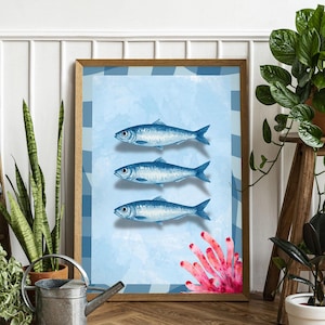 Sardines Watercolor Painting Print - Canvas Wall Art - Retro Food Art - Kitchen Wall Decor