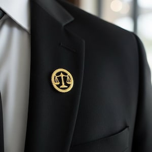 May include: A gold-colored lapel pin featuring the scales of justice, set within a circular frame with a rope-like border. The pin is affixed to a black suit jacket, with a white collared shirt visible beneath.