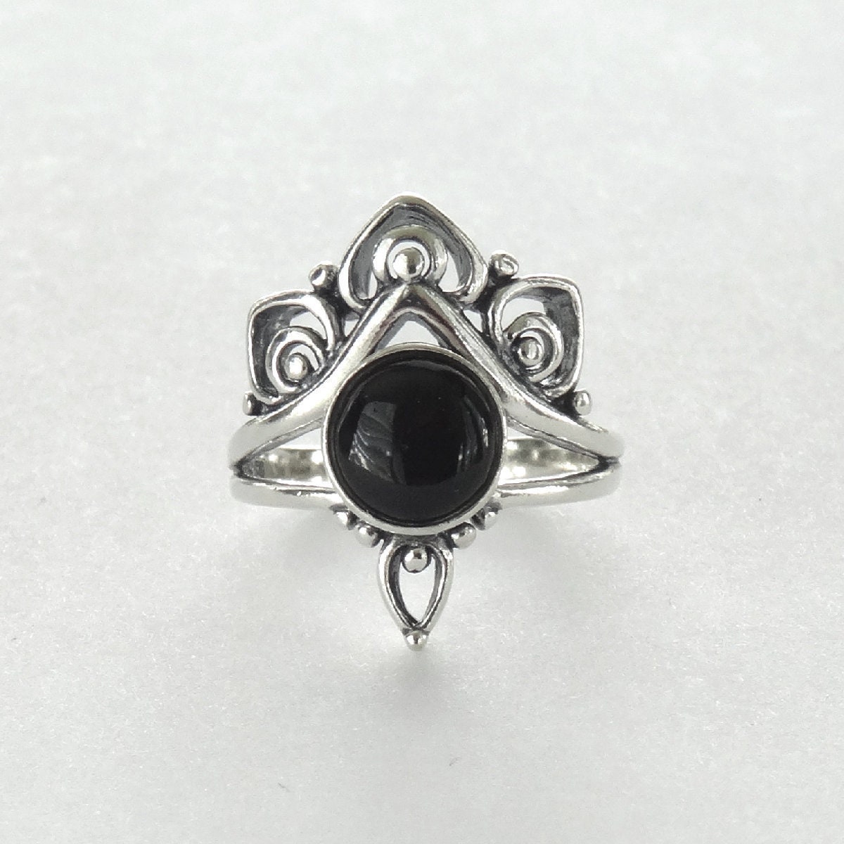 Black Onyx Ring Lotus Flower Sterling Silver Chevron Boho Ring | Etsy