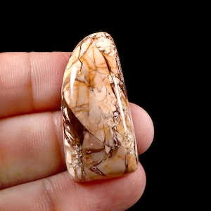 Op de afbeelding: Een gepolijste, langwerpige edelsteen met een mix van bruin, beige en crème kleuren. De steen heeft een uniek patroon van aderen en scheuren, waardoor een natuurlijk, getextureerd uiterlijk ontstaat. De edelsteen wordt in een hand gehouden tegen een zwarte achtergrond.