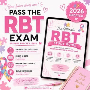 Op de afbeelding: Roze en witte studiehandleiding voor het RBT-examen, met oefenvragen en spiekbriefjes. De afbeelding toont ook een roze notitieboek met de tekst "Every Skill Matters". De gids bereidt voor op het examen voor Geregistreerd Gedragstechnicus.