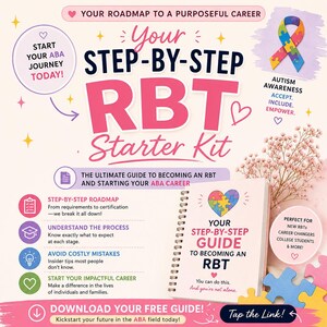以下が含まれることがあります： RBTスターターキットのプロモーション画像。「Your Step-by-Step RBT Starter Kit」のテキストが特徴的。スパイラル綴じのガイドと、自閉症啓発に関するテキストが表示されています。無料ガイドのダウンロードを促しています。