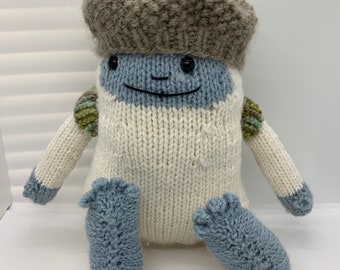 Cute and Cuddly Yeti.  Handknit Toy with satchel and beret./ Made to Order