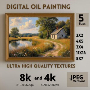Puede incluir: Pintura al óleo digital enmarcada que representa un paisaje sereno con una pequeña casa, un estanque y un camino sinuoso. La obra de arte está en un marco dorado y disponible en 5 tamaños, incluyendo 28x35 cm. Disponible en 8k y 4k, versiones JPEG.